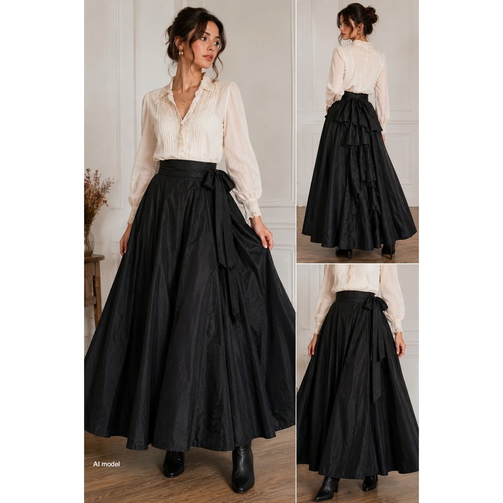 Vintage Gunne Sax Black Taffeta Maxi Skirt 24" Waist Steampunk Victorian Tiered*